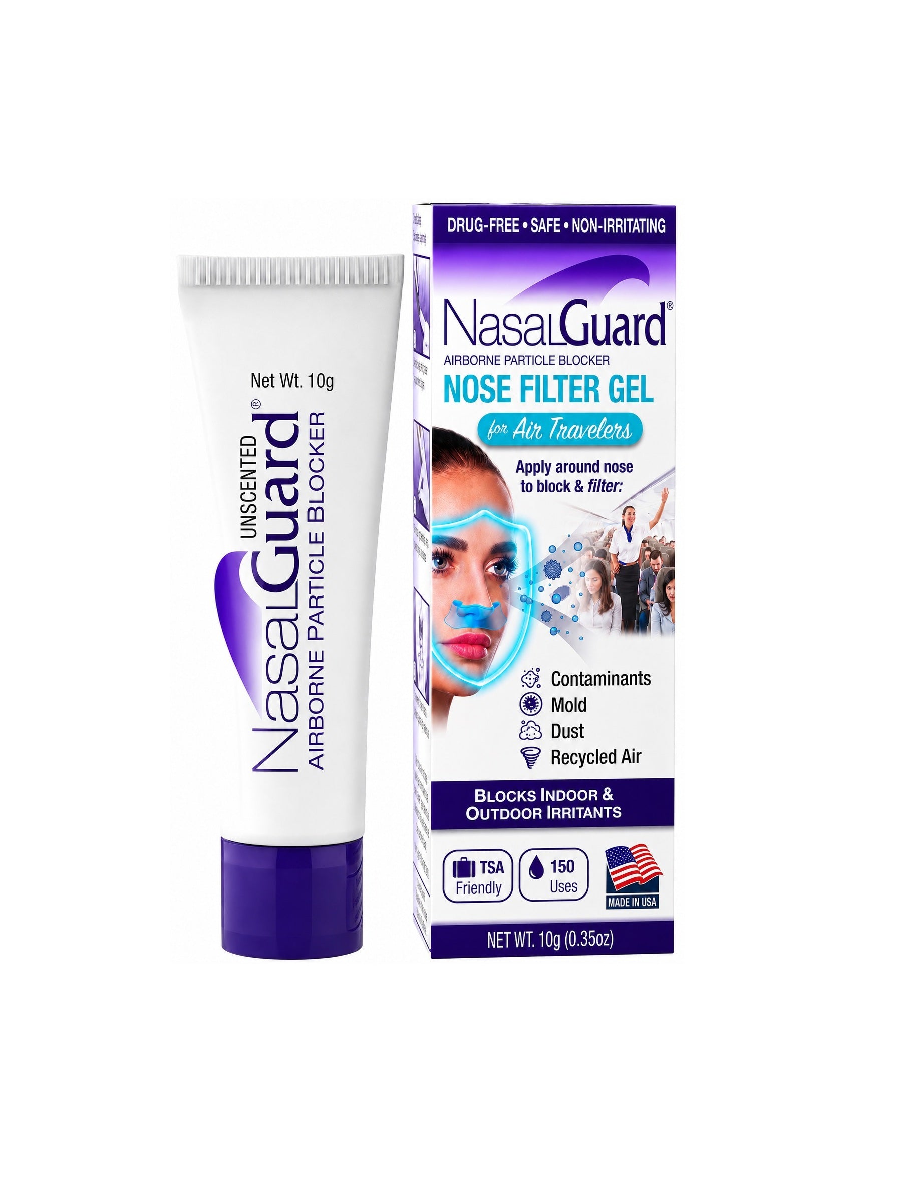 NasalGuard For Air Travelers, Airborne Particle Blocker | Unscented | 10g Tube